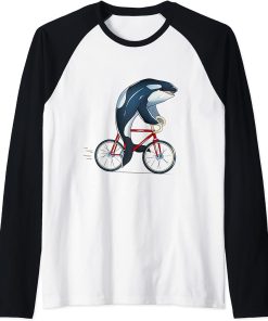 Orca Riding Bicycle Cute Biker Cyclist Cycling Raglan Baseball Tee