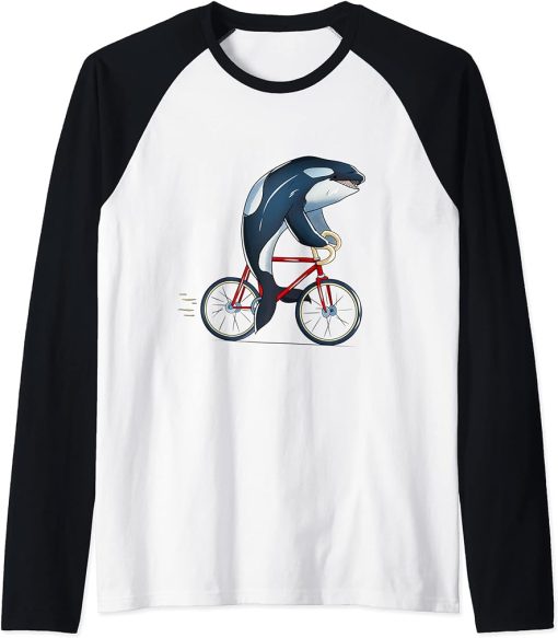 Orca Riding Bicycle Cute Biker Cyclist Cycling Raglan Baseball Tee