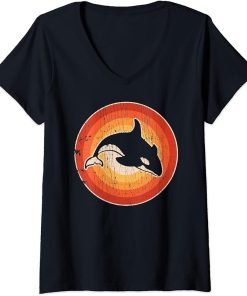 Womens Orca Killer Whale Retro Vintage 60s 70s Sunset Sea Animal V-Neck T-Shirt