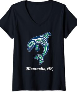 Womens Blue Green Native American Manzanita OR Orca Killer Whale V-Neck T-Shirt