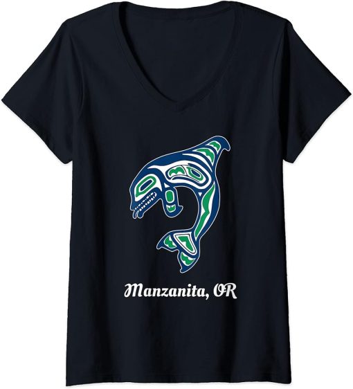 Womens Blue Green Native American Manzanita OR Orca Killer Whale V-Neck T-Shirt