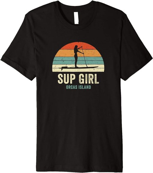 Women"s Orcas Island Woman on SUP Girl Retro Vintage Style Premium T-Shirt